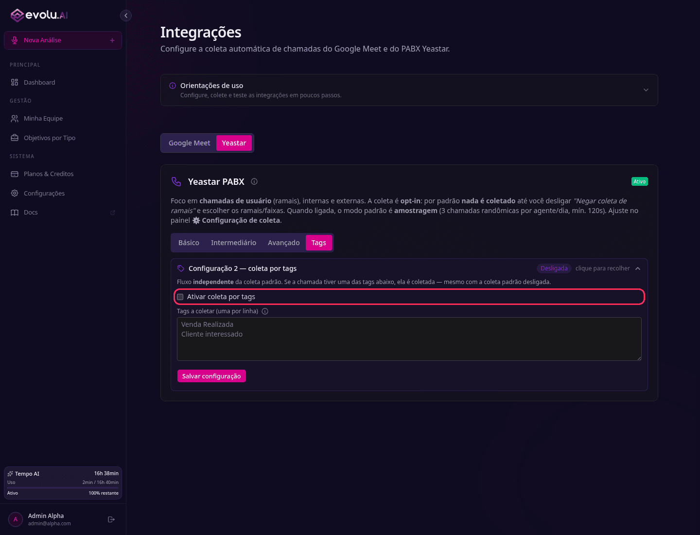Configuração 2: coleta por tags do PABX Onvox
